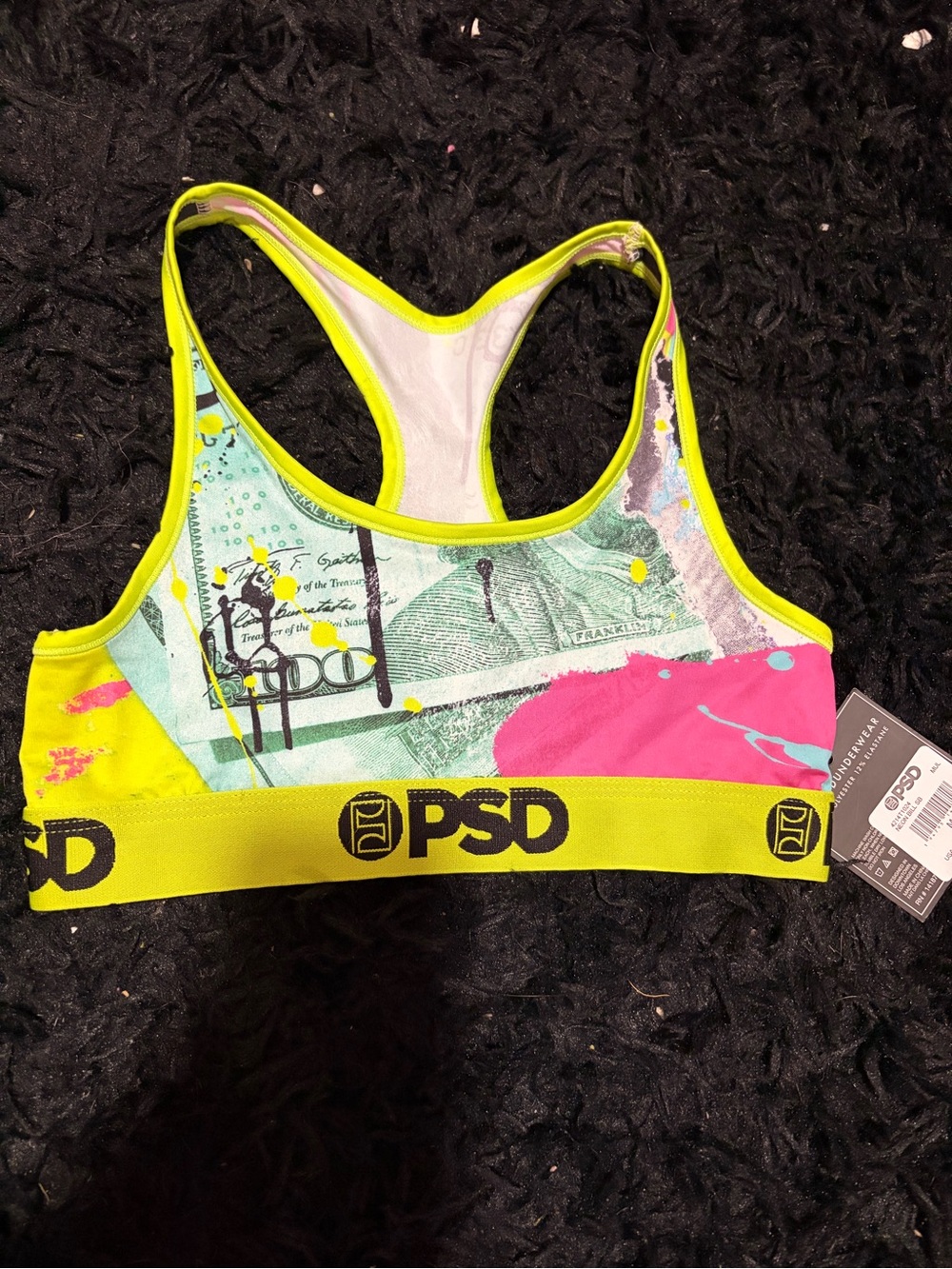 PSD Neon Money Print Sports Bra - Yellow, Pink, Aqua